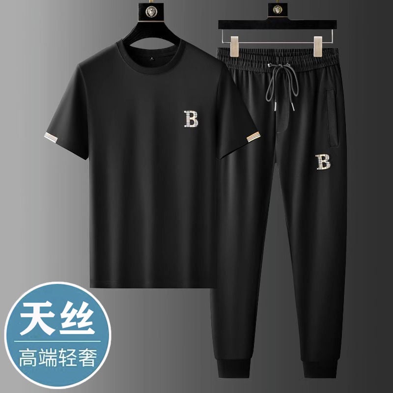 Summer Business Ice Silk Casual Suit Men'S European Station Light Luxury High-End Short-Sleeved Trousers Stitching Sports Suit Men - Image 5